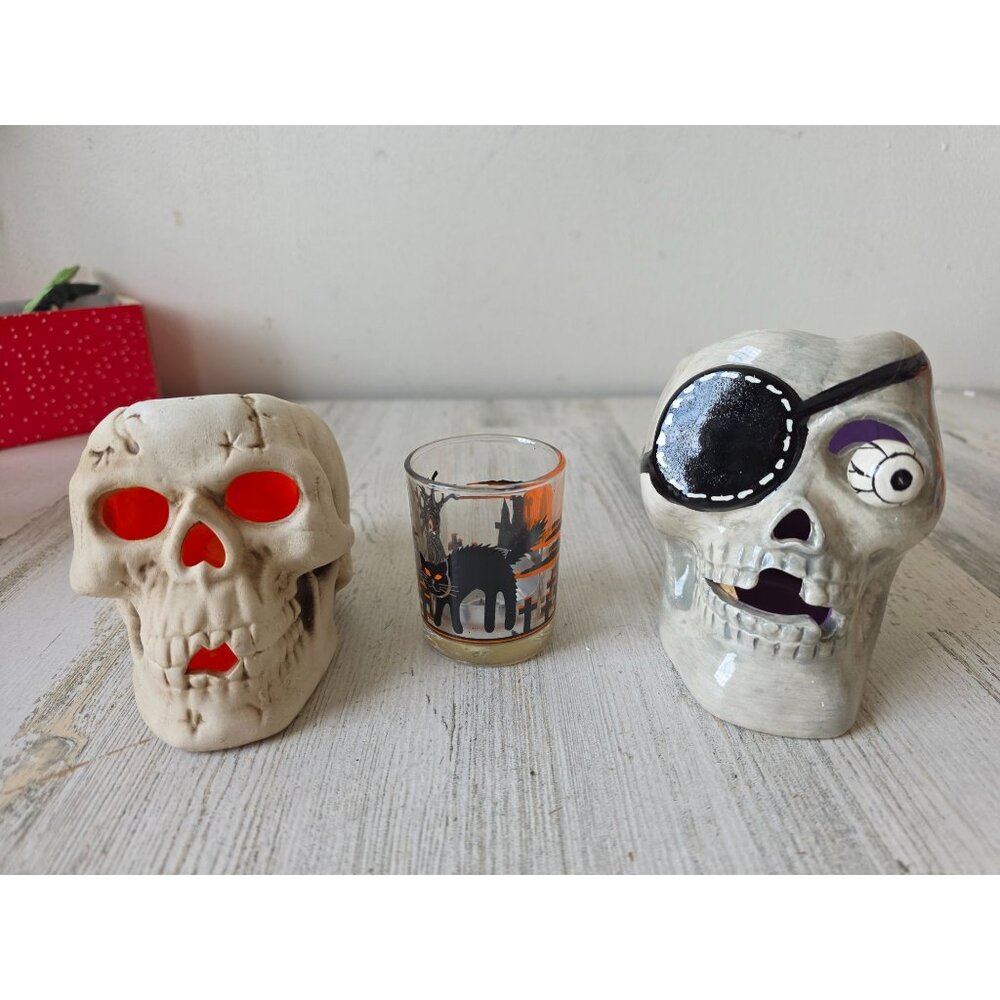 Skull ceramic votive‎ candle holder Halloween decor cat scene